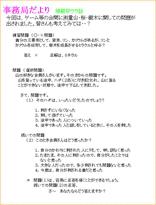 �e�L�X�g �{�b�N�X:  �����ǂ����@�A���ՃE���b
�@ ����́A�Q�[�����̍��Ԃɑ��ʎR�E���E���؂Ɋւ��Ă̖�肪
�@ �o����܂����B�F������l���Ă݂ẮE�E�H

�@�@�@�@���K���@�i���E�~���j
�@�@�@�@�@�{���̎O�v�f�Ƃ��āA���f�A�����A�J���E�������邪�A������
�@�@�@�@�@�J���E���𑍏̂��āA���؂𐬒�������~���N���ƌĂԁH

�@�@�@�@�@�@�@�@�����@�~�@�@�@�@�����́A�~�l����


�@�@�@�@���@�i�I����j
�@�@�@�@�@�R�̍D���ȉ�����񂪂��܂��B���̕�����̖��ł��B
�@�@�@�@�@�@�R��o���Ă���r���A�n�`�i�Q�C�j�ɕt���܂Ƃ��A�R�ɓo��
�@�@�@�@�@�@���Ƃ��ł��Ȃ���ԂŁA�r���ŉ��R���Ă��܂����B

�@�@�@�@�@�@�@���āA���ł��B
�@�@�@�@�@�@�@�@�@�i�P�j�@���̃n�`�́A���������ǂ������̂ł��傤�H
�@�@�@�@�@�@�@�@�@�@
�@�@�@�@�@�@�@�@�@�@�@�@�P�D�h�����ɂ��Ȃ��Ȃ���
�@�@�@�@�@�@�@�@�@�@�@�@�Q�D�h���ē����Ă�����
�@�@�@�@�@�@�@�@�@�@�@�@�R�D�r���ł������l�ɂ��Ă�����
�@�@�@�@�@�@�@�@�@�@�@�@�S�D�r���ł������l�Ƙb�������Ă���Ƃ��ɁA���̐l���h����

�@�@�@�@�@�@�@�����Ă̖��
�@�@�@�@�@�@�@�@�@�i�Q�j�@���̂Ƃ��������͂ǂ��v�������H

�@�@�@�@�@�@�@�@�@�@�@�@�P�D�����̂����Ɏh���ꂽ�l�ɑ΂��āA�\����Ȃ��v����
�@�@�@�@�@�@�@�@�@�@�@�@�Q�D���܂��܁A���̐l�Ɏh�������̂ŁA�������������Ƃł�
�@�@�@�@�@�@�@�@�@�@�@�@�@�@�Ȃ��Ǝv����
�@�@�@�@�@�@�@�@�@�@�@�@�R�D�傫�Ȑl�������̂ŁA�����h����Ă����Ȃ��Ǝv����
�@�@�@�@�@�@�@�@�@�@�@�@�S�D���x�́A�������h�����Ԃ��Ǝv����

�@�@�@�@�@�@�@�@�@���@���i�P�j�́A�e�Ղɐ����𓱂����Ƃ��ł���ł��傤�B
�@�@�@�@�@�@�@�@�@�@�@ �����Ă̖��i�Q�j�̐����A
�@�@�@�@�@�@�@�@�@�@�@�@�@�@�@�@�@���`�@ ���Ȃ��Ȃ�ǂ������܂����H
�@�@�@�@�@�@�@�@�@ 